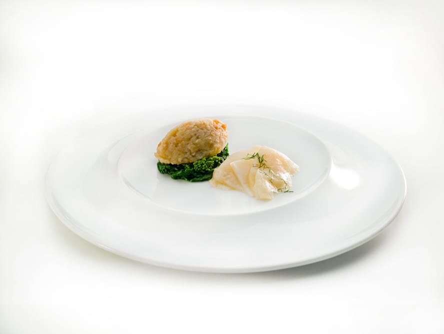 Lascas de Bacalhau, açorda e grelos salteados