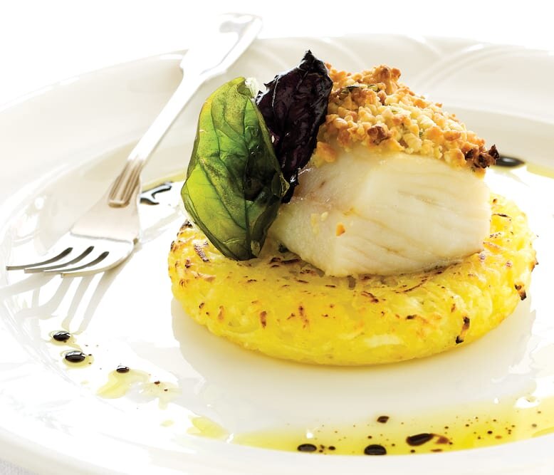 Lombo de bacalhau com crosta de amêndoa