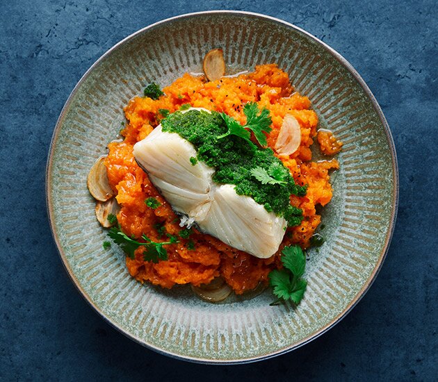 Bacalhau da Noruega com esmagada de batata-doce