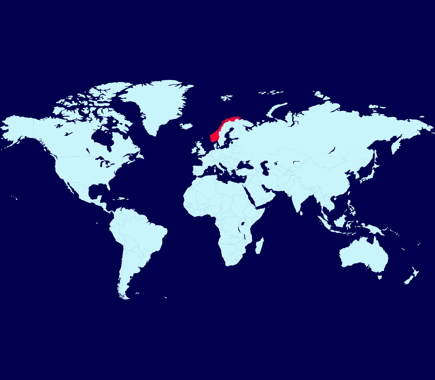 Mapa do mundo com a Noruega destacada em vermelho